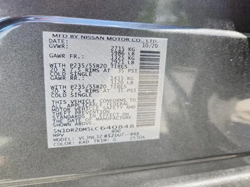 2020 NISSAN PATHFINDER PLATINUM  