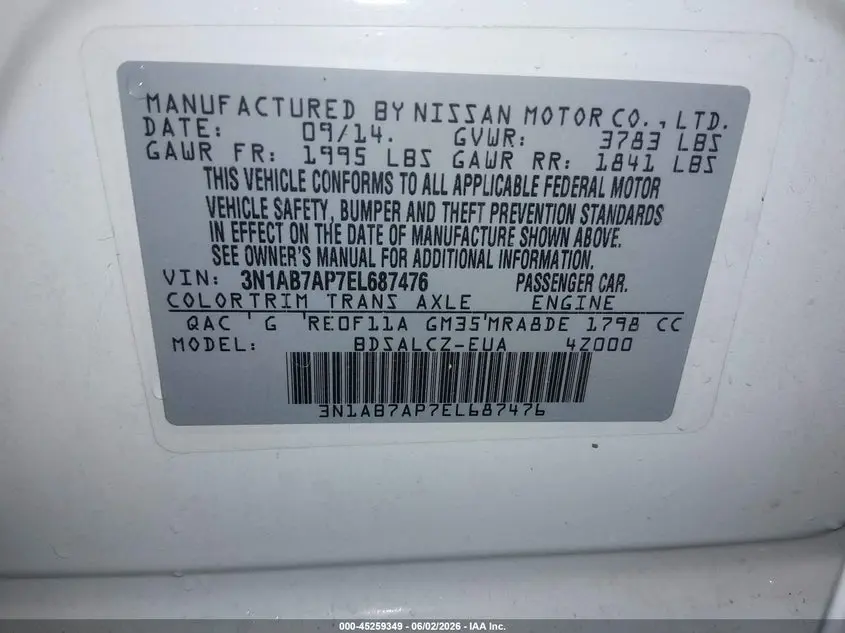 2014 NISSAN SENTRA S