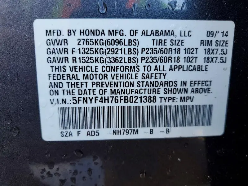 2015 HONDA PILOT EXLN  