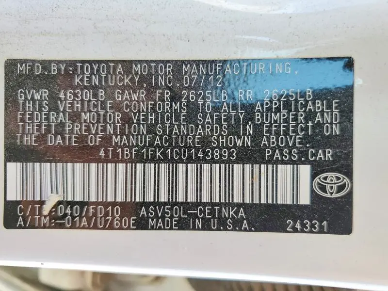 2012 TOYOTA CAMRY LE  