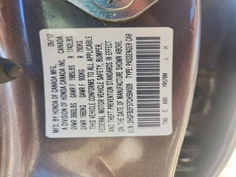 2012 HONDA CIVIC LX  