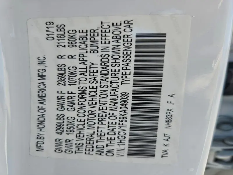 2019 HONDA ACCORD EXL  