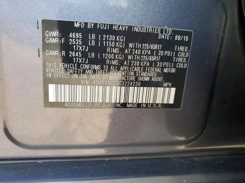 2016 SUBARU OUTBACK 2.5I PREMIUM  