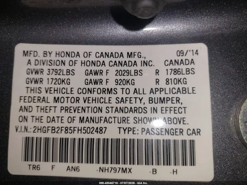 2015 HONDA CIVIC EX