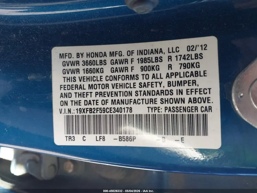 2012 HONDA CIVIC LX