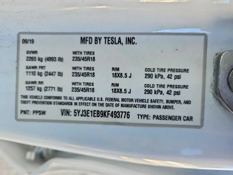 2019 TESLA MODEL 3   