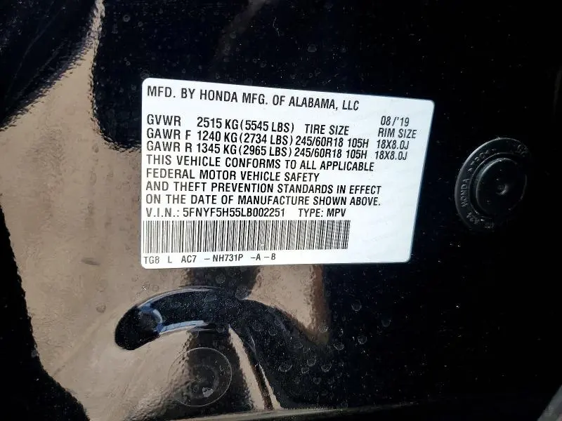 2020 HONDA PILOT EXL  