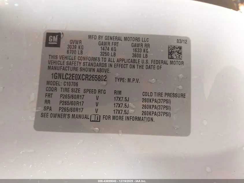 2012 CHEVROLET TAHOE COMMERCIAL FLEET