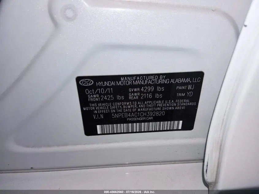 2012 HYUNDAI SONATA GLS