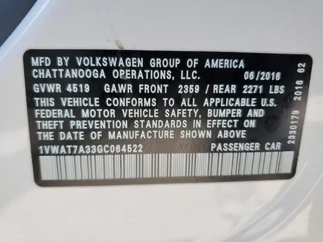 2016 VOLKSWAGEN PASSAT S  
