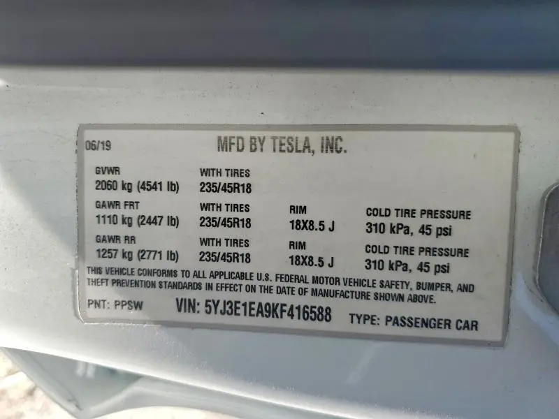 2019 TESLA MODEL 3   