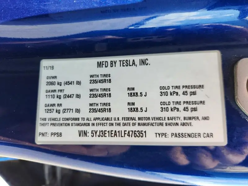2020 TESLA MODEL 3   
