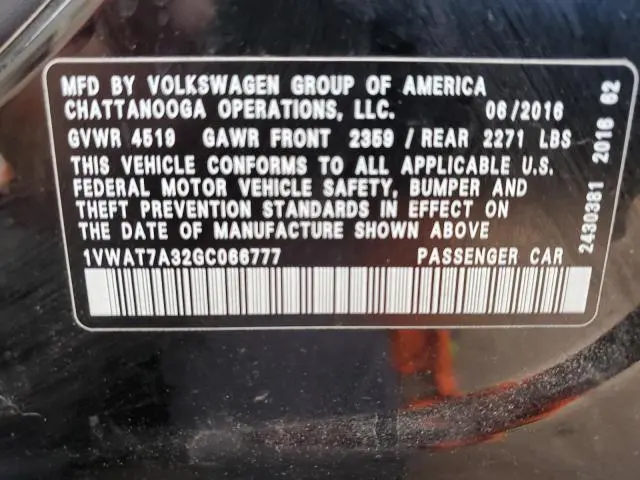 2016 VOLKSWAGEN PASSAT S  