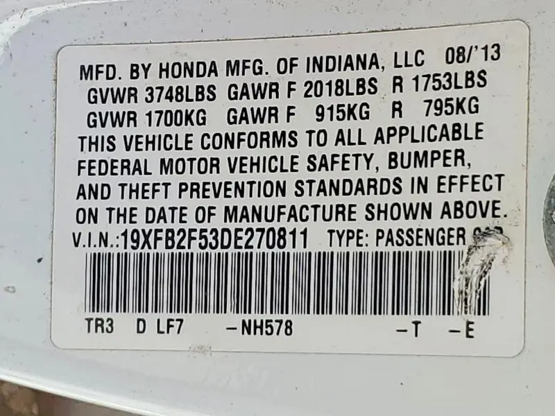 2013 HONDA CIVIC LX  