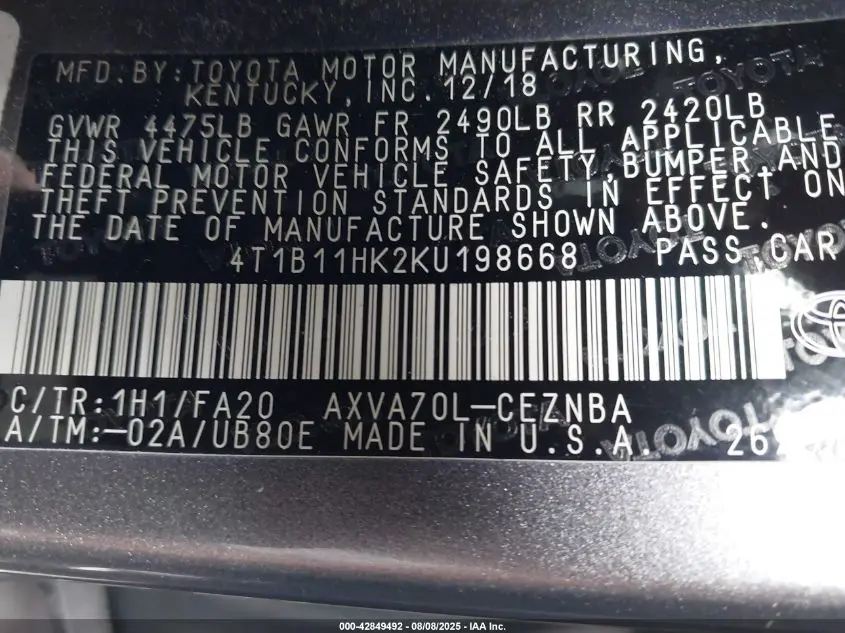 2019 TOYOTA CAMRY LE