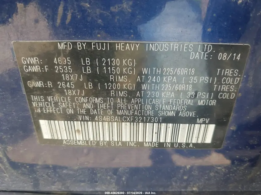 2015 SUBARU OUTBACK 2.5I LIMITED