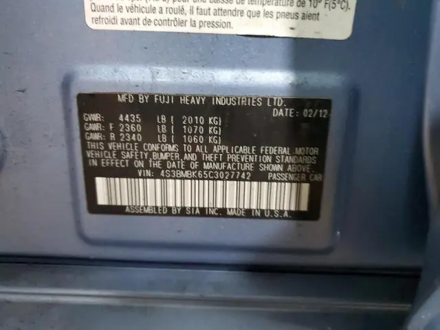 2012 SUBARU LEGACY 2.5I LIMITED