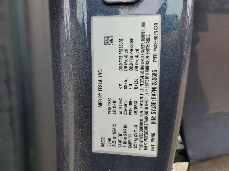 2022 TESLA MODEL 3   