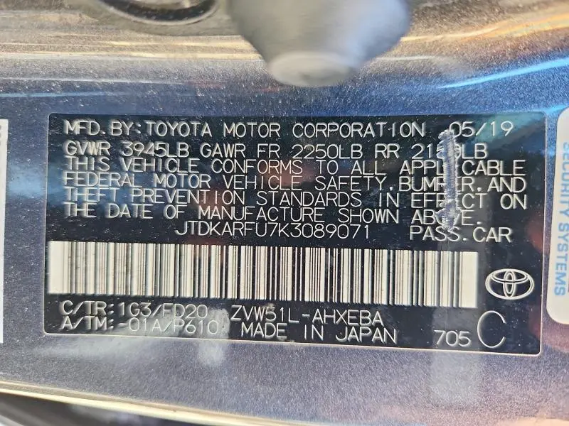 2019 TOYOTA PRIUS LE  