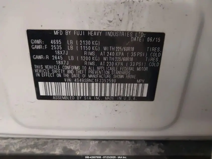 2015 SUBARU OUTBACK 2.5I LIMITED