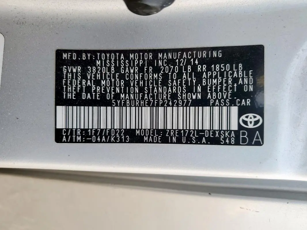 2015 TOYOTA COROLLA L  