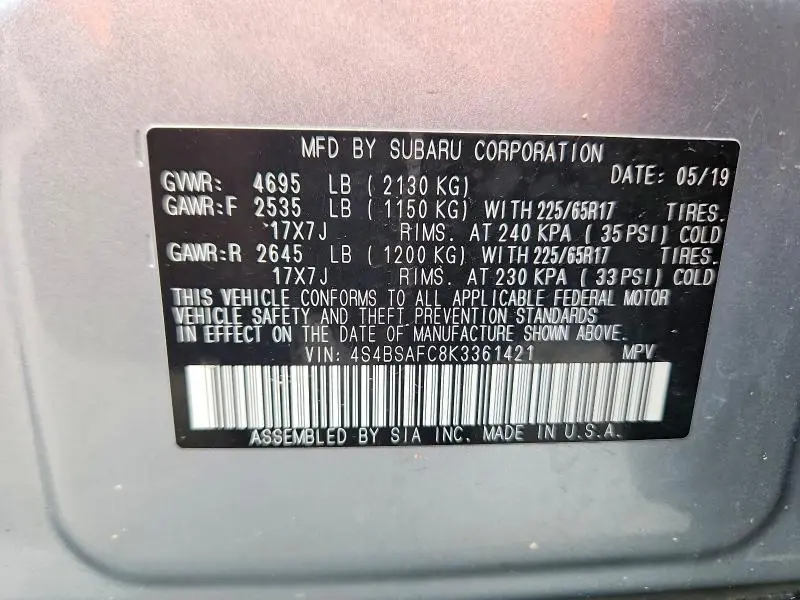 2019 SUBARU OUTBACK 2.5I PREMIUM  