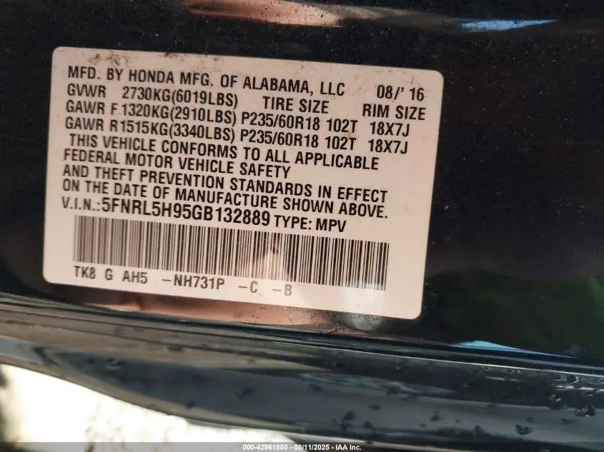 2016 HONDA ODYSSEY TOURING/TOURING ELITE