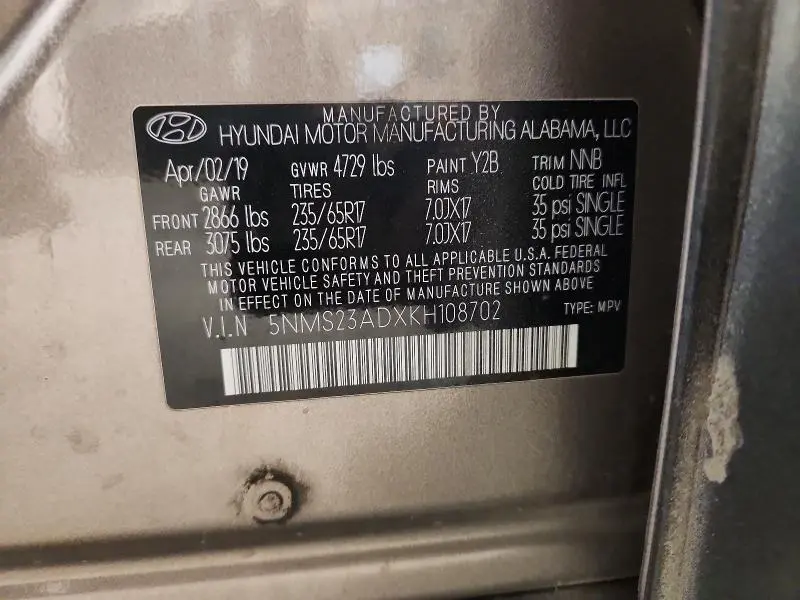 2019 HYUNDAI SANTA FE SE 2.4L  