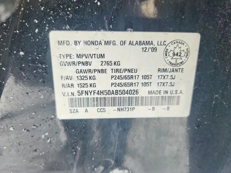 2010 HONDA PILOT EXL  