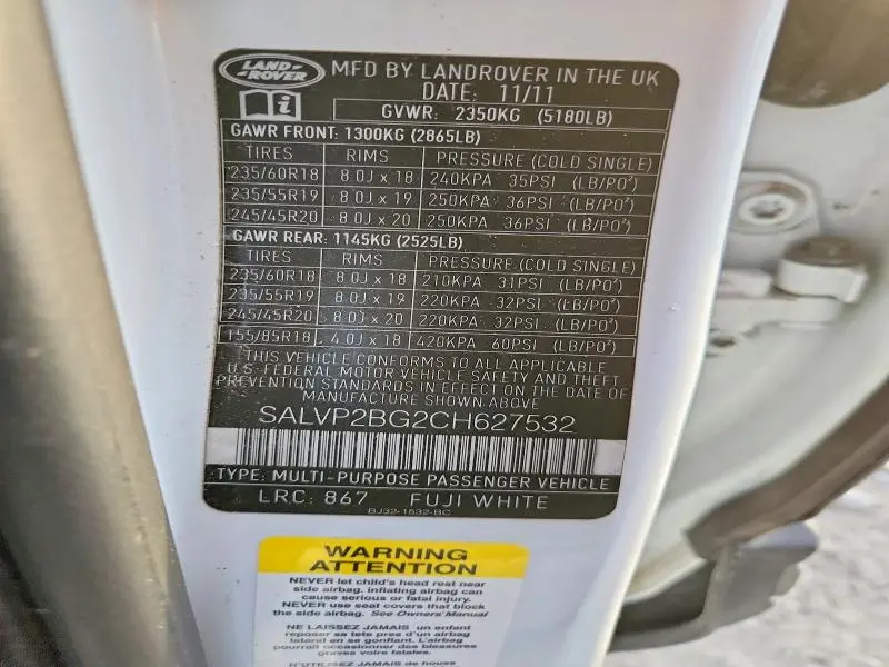 2012 LAND ROVER RANGE ROVER EVOQUE PURE PLUS  