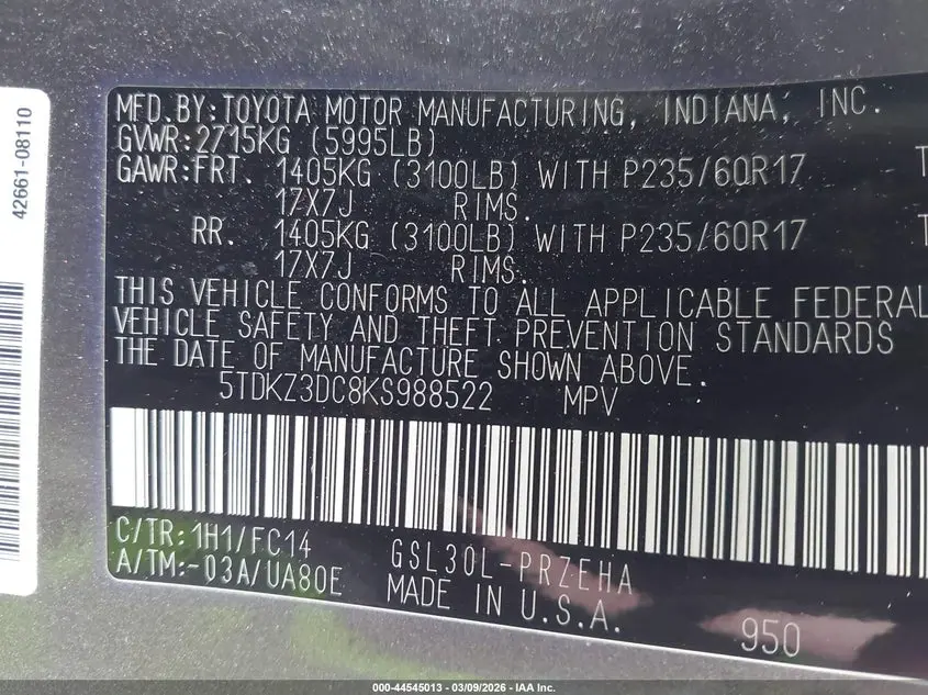 2019 TOYOTA SIENNA LE 8 PASSENGER