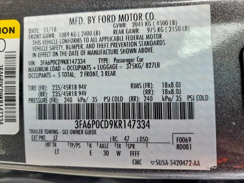 2019 FORD FUSION SEL  