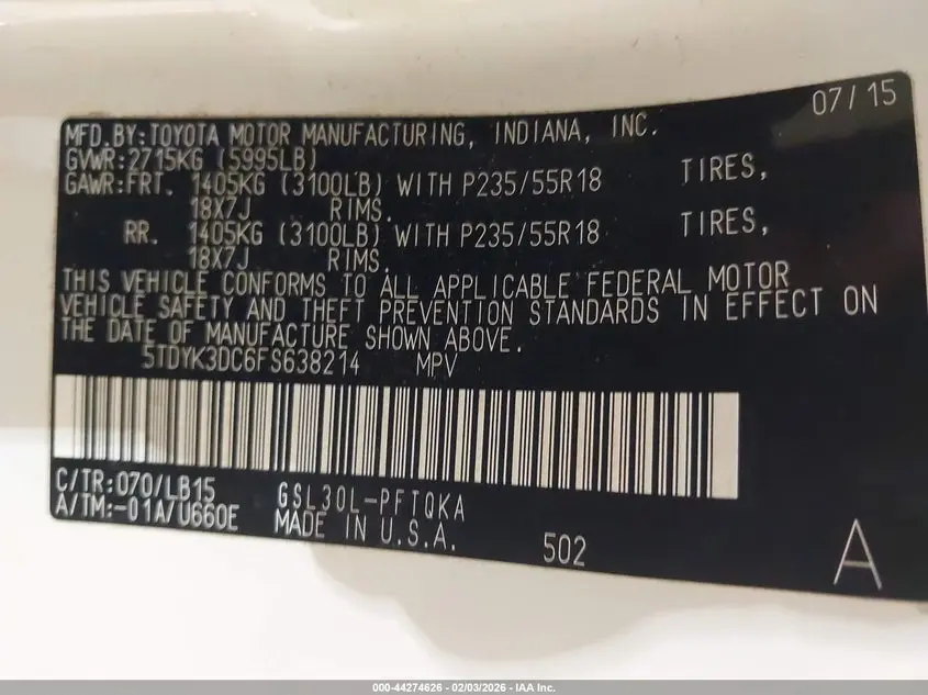 2015 TOYOTA SIENNA LIMITED PREMIUM 7 PASSENGER