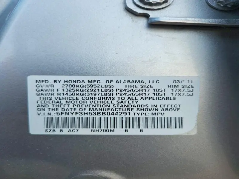 2011 HONDA PILOT EXL  