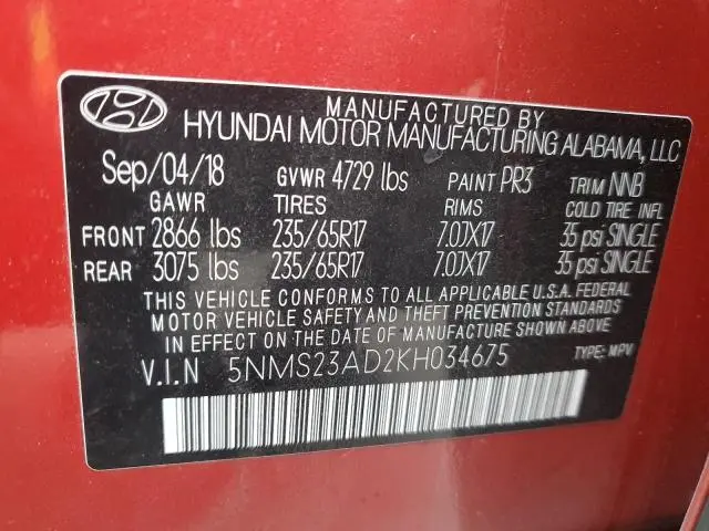 2019 HYUNDAI SANTA FE SE  