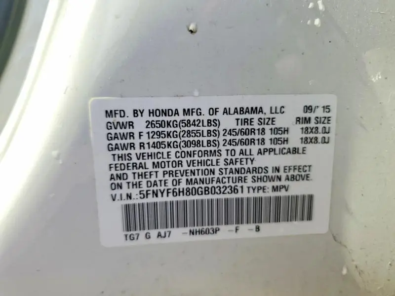 2016 HONDA PILOT EXL  
