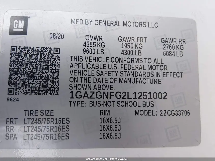2020 CHEVROLET EXPRESS PASSENGER RWD 3500 EXTENDED WHEELBASE LS