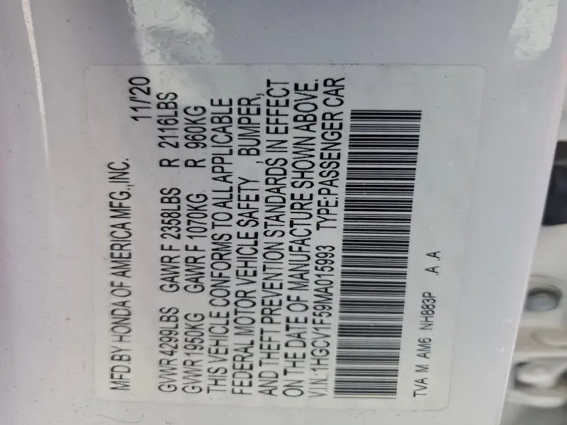 2021 HONDA ACCORD EXL  