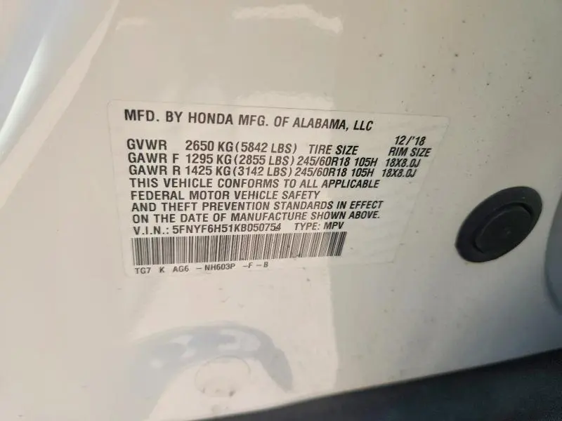 2019 HONDA PILOT EXL  