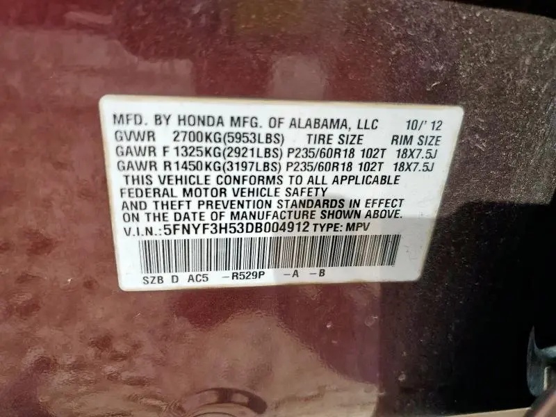 2013 HONDA PILOT EXL  