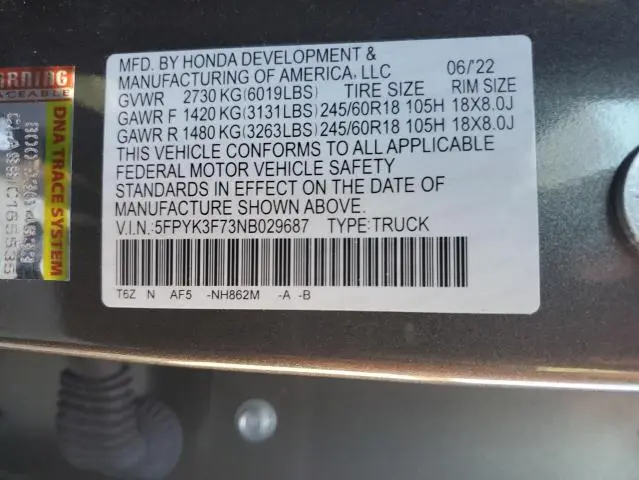 2022 HONDA RIDGELINE RTL  