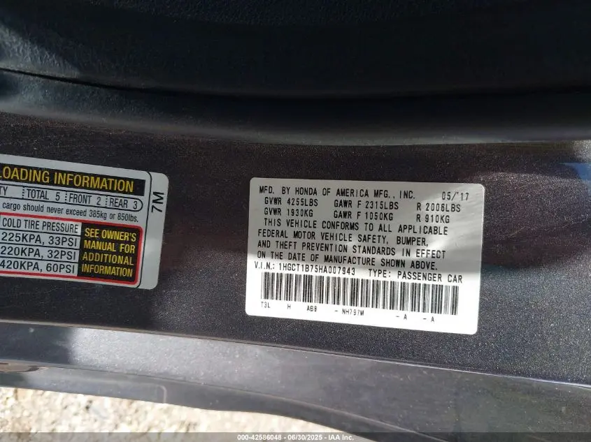 2017 HONDA ACCORD EX