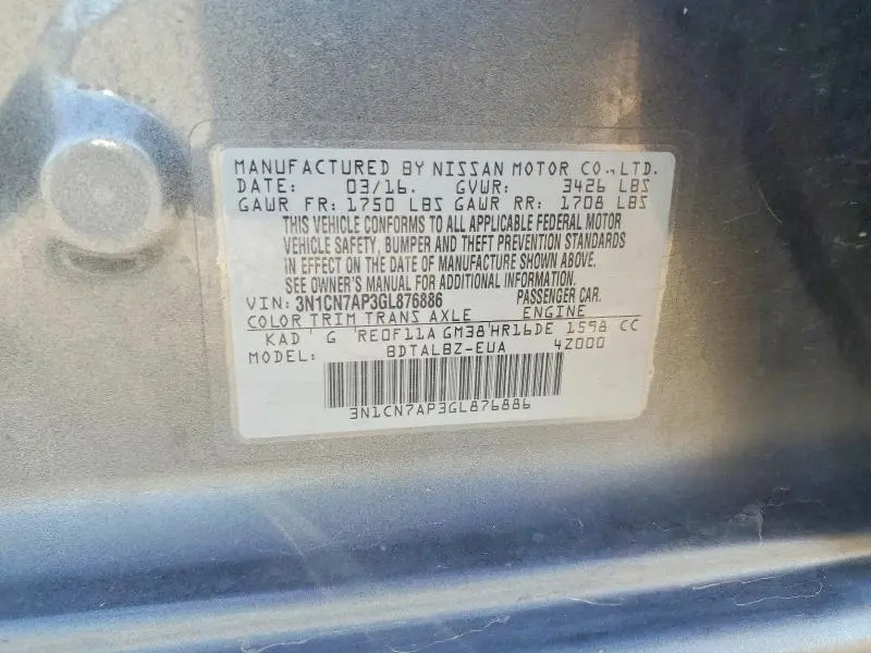 2016 NISSAN VERSA 1.6 SV  