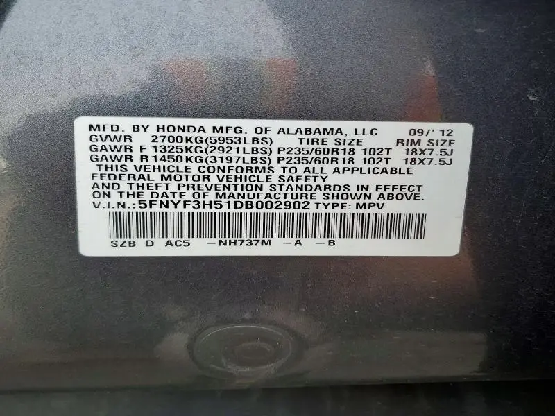2013 HONDA PILOT EXL  