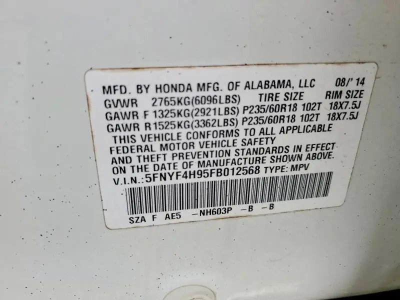 2015 HONDA PILOT TOURING  