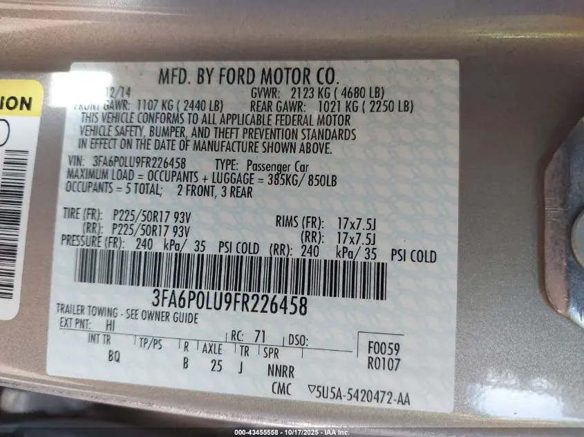 2015 FORD FUSION HYBRID SE