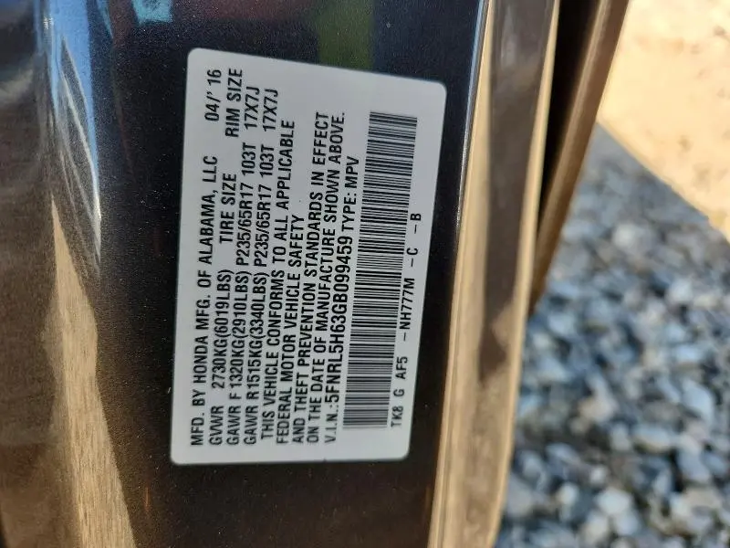 2016 HONDA ODYSSEY EXL  