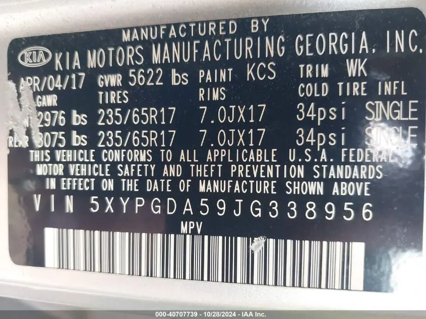 2018 KIA SORENTO 3.3L LX