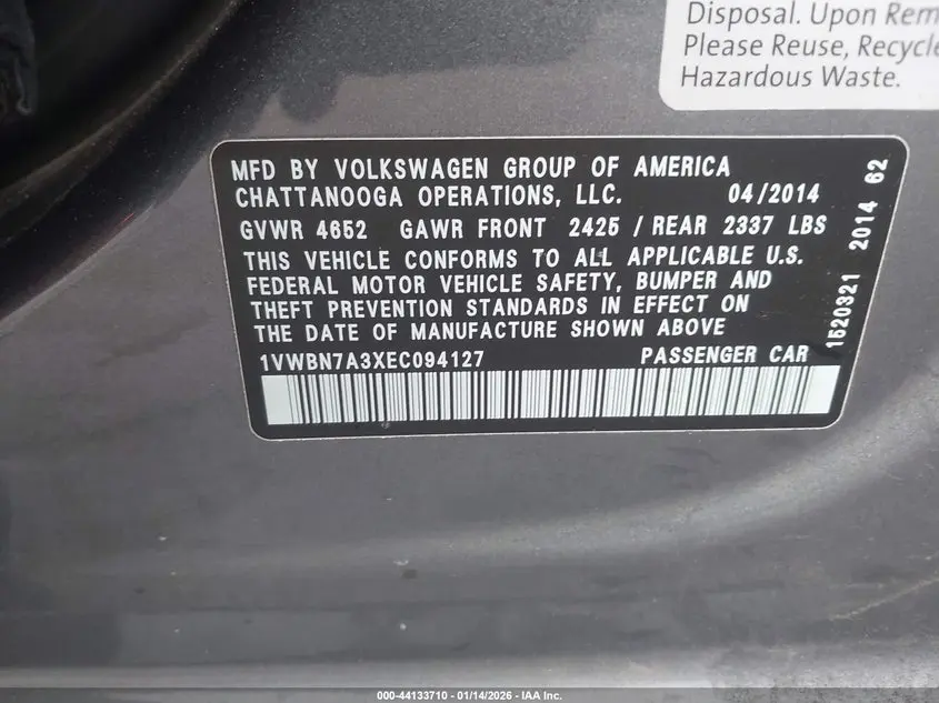 2014 VOLKSWAGEN PASSAT 2.0L TDI SE