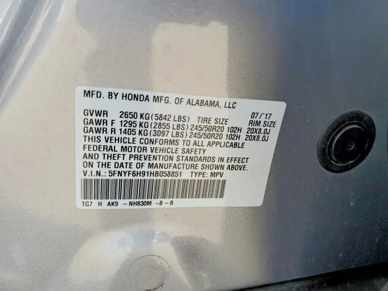 2017 HONDA PILOT TOURING  